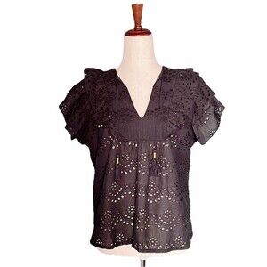 NWT Nicole Miller Top Black Cotton Eyelet Flutter Sleeve Blouse Size Small NEW